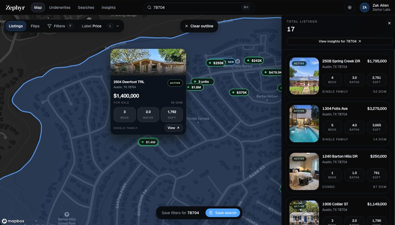 Zephyr map search view