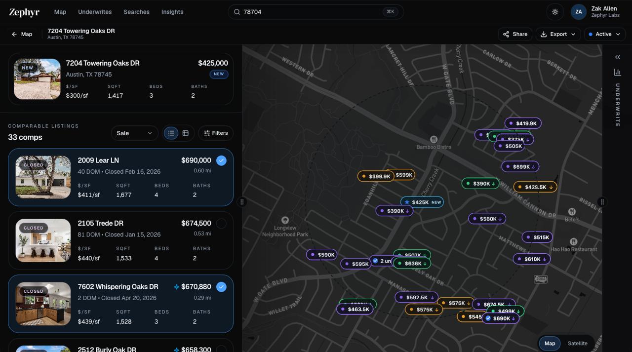 Comp and underwrite a property in Zephyr